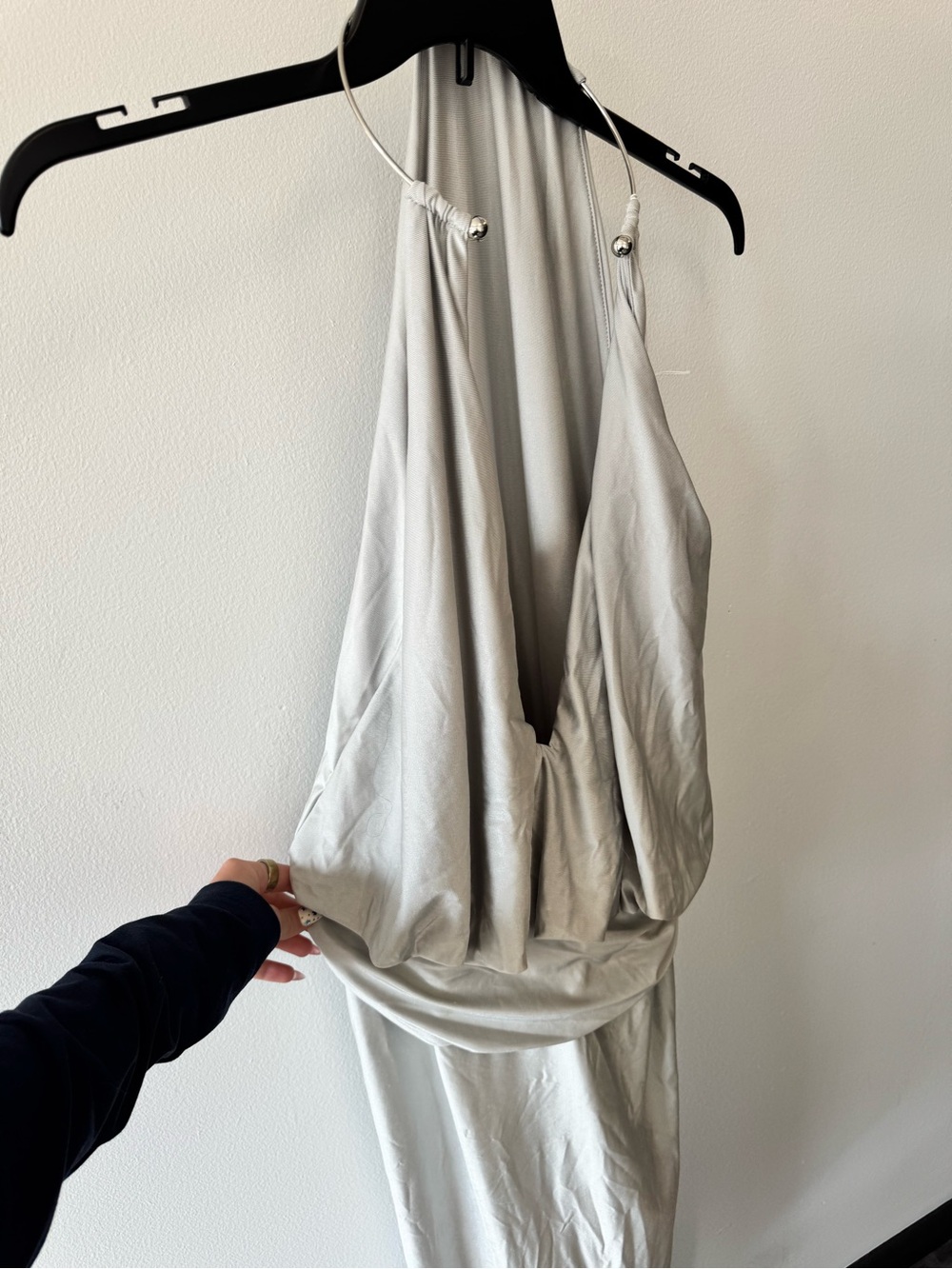 Halter Drape Satin Maxi Dress in Light Silver